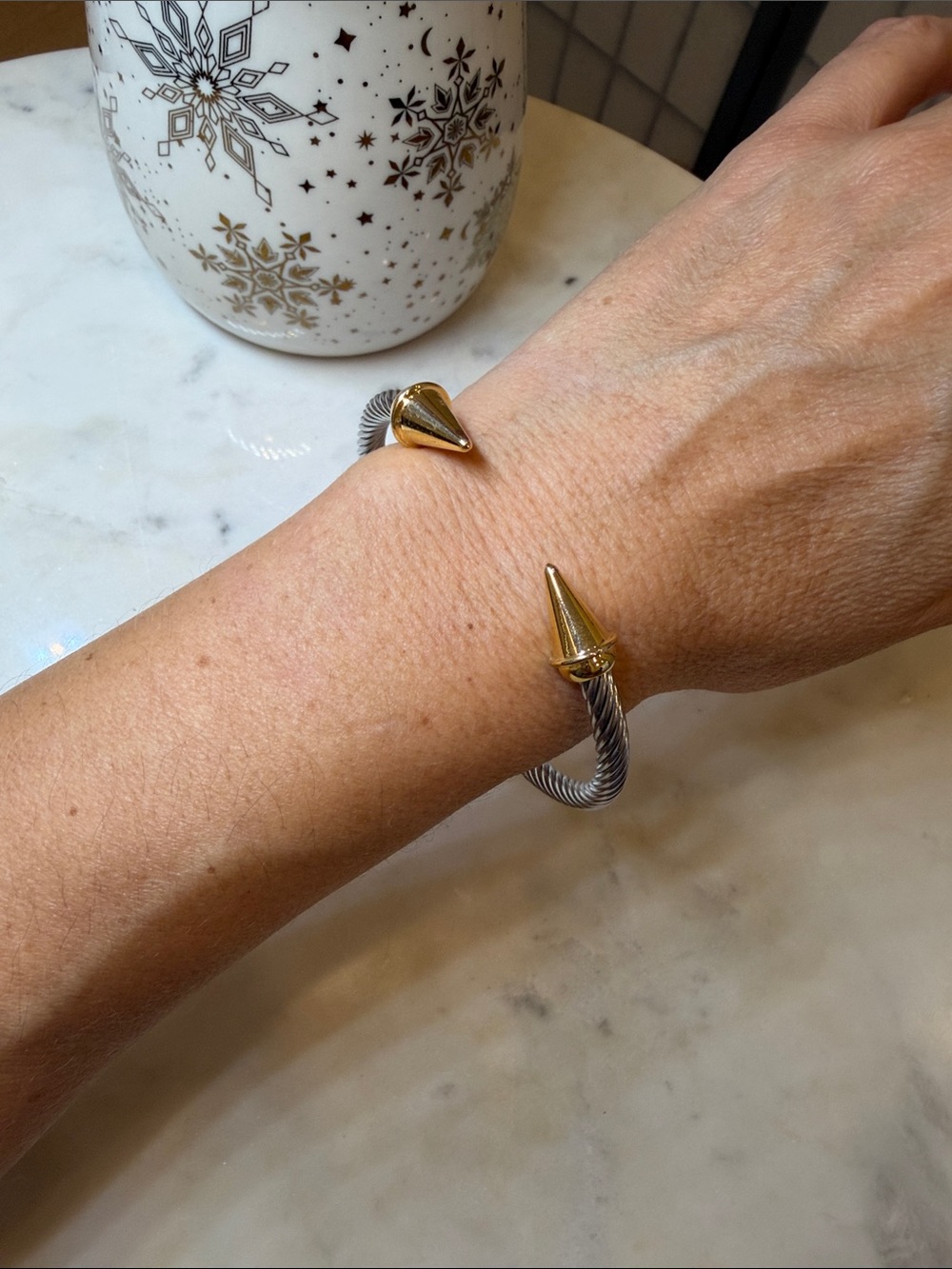 Two-Tone Cable Cuff Bracelet - Women's Silver & Gold stainless steel.